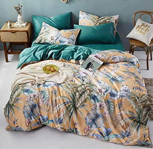 Lanqinglv Tropisch Bettwäsche 200x200 cm Grün Gelb Blätter Blumen Muster Pflanzen Wende Bettwäsche Set Microfaser Renforce Bettbezug mit Reißverschluss und 2 Kissenbezug 80x80 cm