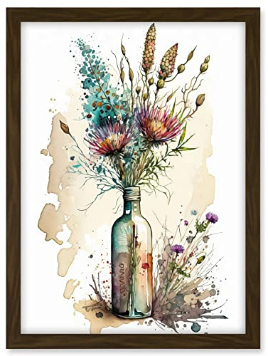 Artery8 Spring Flower Bouquet In Glass Wine Bottle Vase Artwork Framed A3 Wall Art Print
