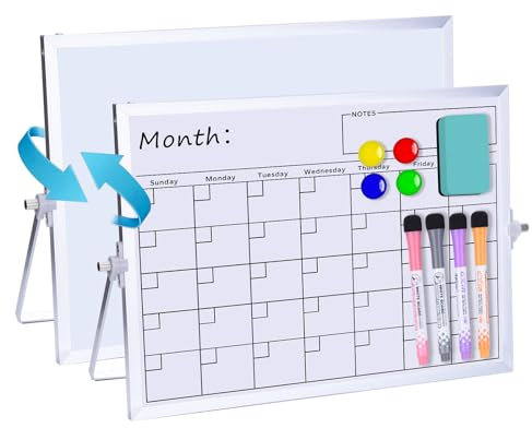 Dry Erase Monthly Calendar With Stand, 35 x 25 cm Double-Sided Desktop Whiteboard & Magnetic Planner, Portable for Home, School, Office