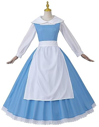 VEECOOCOS Princess Belle Cosplay Costume Belle Village Dress Women's Blue Maid Dress
