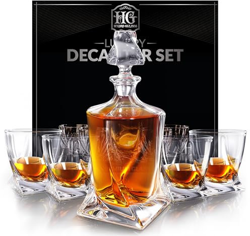 Hydro Gizmos Whiskey Decanter Set for Men with 4 Drinking Glasses for Cognac, Bourbon, Rum, Scotch, Liquor Crystal Clear Decanter Sets House Warming Gifts New Home Whiskey Gifts for Men Dad Him
