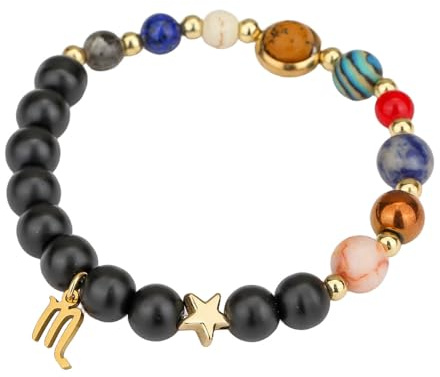 Edelstein Armband, Naturstein Schwarzes Lavakristall-Armband 12 Sternbilder Sternzeichen-Armband Charm-Perlenarmband Galaxie Planeten Sonnensystem Armreif Schmuck Für Damen Und Herren Geschenk