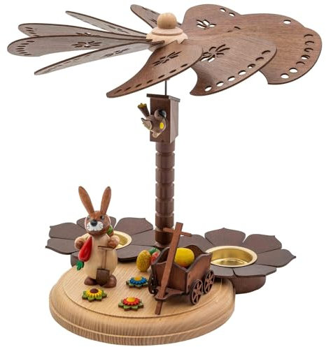 Seiffener Volkskunst Jan Legler | Osterdeko Pyramide Osterpyramide erzgebirgische Holzkunst | 25 cm | Hase mit Korb & Schubkarren