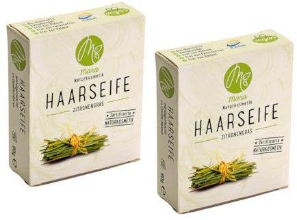 Mara Naturkosmetik - Feste Haarseife Zitronengras – Pflegende Wellness Reinigung ohne Palmöl für Frauen, Männer – Naturseife, nachhaltig, vegan, bio, umweltfreundlich, handgemacht, zertifiziert 2x90g