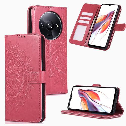 HTDELEC Cover per Xiaomi Redmi A3 4G,Flip Custodia a Libro Magnetica Portafoglio Premium Protettiva in Pelle Porta Carte Case - Rosso