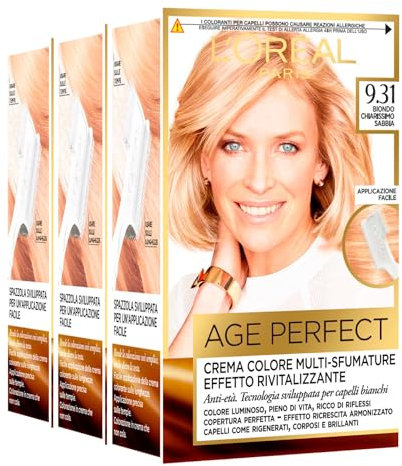 L'Oréal Paris Excellence Age Perfect - Crema de color multimatizante, revitalizante, antiedad, cubre cabellos blancos, fácil aplicación, color 9.31 rubio claro arena, 3 paquetes