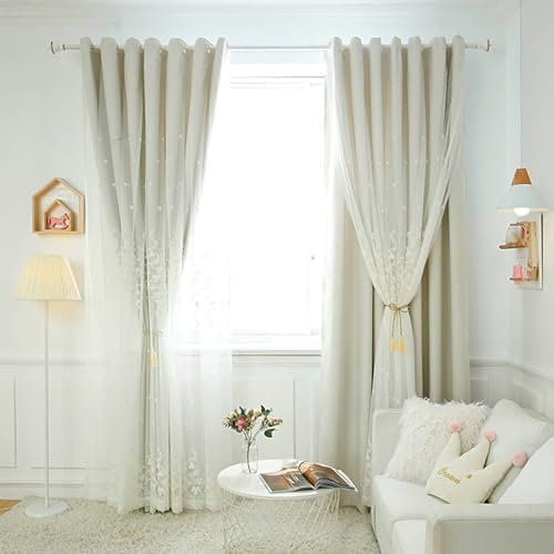 Gualiy Gardine Blickdicht 2 Stück, Vorhang Verdunkelung Thermo Fenster mit Ösen 137x274CM Blumen Gestickte Doppelschicht Gardine Vorhang Beige Vorhänge für Fenster