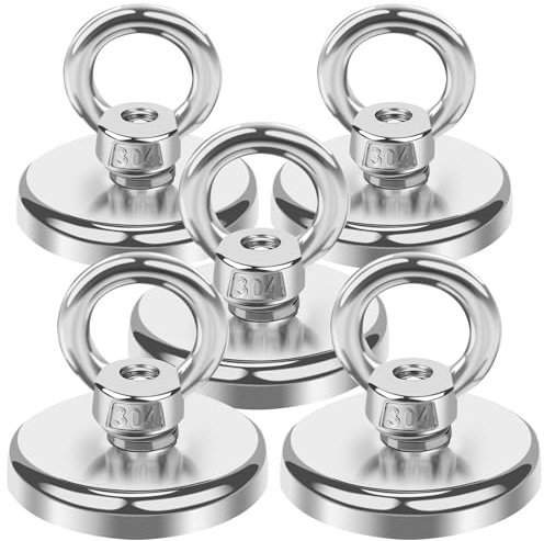 MIN CI 42mm Neodym Magnete Extra Stark, 70kg（155lbs）Magnet mit Öse, Runde Starkmagnet, Hakenmagnet zum Schließfächern und Kreuzfahrt - 5 Stück