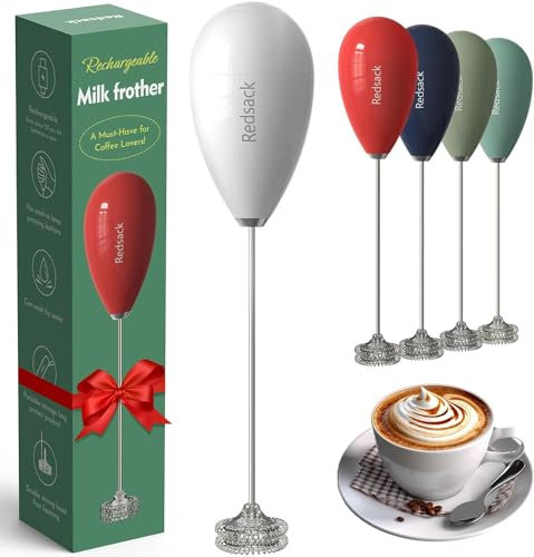 Redsack Batidor eléctrico de leche de mano – Batidor de mano recargable por USB, espumador de café eléctrico para cocina, viajes, resistente al agua, doble bobina, agitadores de café con bolsa