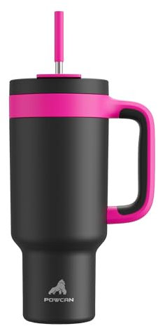 POWCAN Trinkbecher mit Griff, 2-in-1-Strohhalm und Trinkdeckel, auslaufsicher, spülmaschinenfest, isolierter Reise-Kaffeebecher aus Edelstahl, hält 34 Stunden kalt, passt in Auto-Becherhalter (Beere)