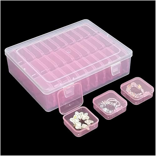 Forever bene 31-Piece Pink Plastic Boxes, Mixed Sizes, Desk Sorting | 1 Clear outer case 22.5 x 17.5 x 6 cm; 30 Pink inner boxes 5.5 x 5.5 x 2 cm each For clips adapters and memory cards in