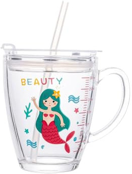 Dvagoent 350ml Bicchiere con Cannuccia Tazza Colazione, Tazza da Latte, con Coperchio, Cannuccia, Pennello per Cannuccia (Sirena)