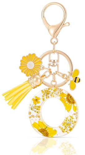 MWOOT Letter Keychains Initiale Lettre Porte Clef Lettre O,Alphabet Initial Keyring avec Pampille Pendentif,Jaune Pétales Feuille D'or Key Ring pour Femmes Filles Portefeuilles Sac à Main Charme(O)