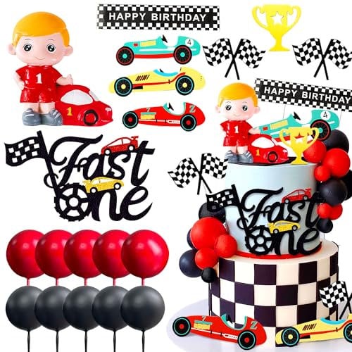 Fast One Cake Topper Race Car First Birthday Cake Decorations Fast One Party Supplies Favors for Racing Car Checkered Flag Birthday Party Decorations Supplies