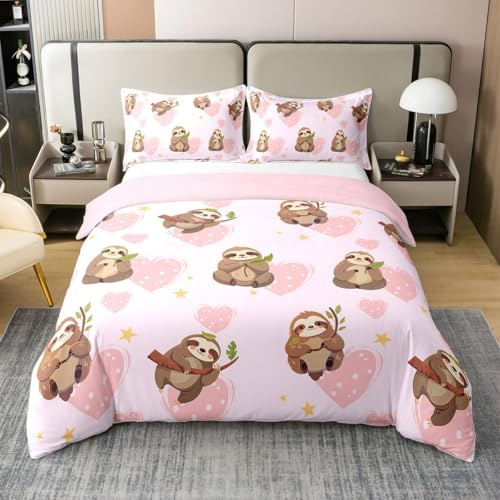 Nette Faultier 100% Baumwolle Bettbezug für Jungen Mädchen,Cartoon Faultier Bettwäsche Set 135x200,Bauernhaus Tier Bett Sets,Liebe Herz Bettbezug mit 1 Kissenbezug für Schlafzimmer,Kein Tröster