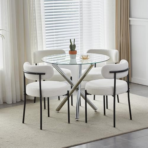 Modernes 5-teiliges Esszimmerset - runder Glastisch und graue Samtstühle mit kleinem Raumdesign für 4 Personen inklusive 4er Set beige Stühle für Küche oder Restaurant