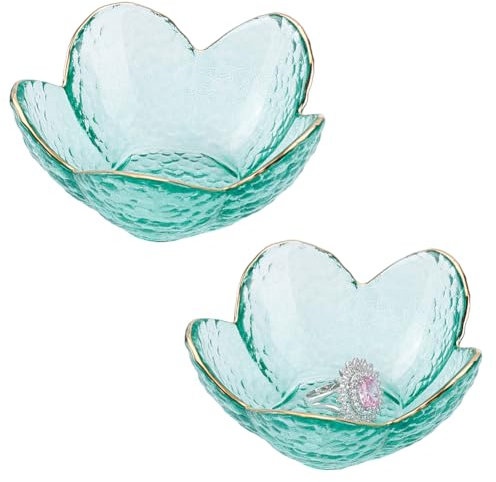 HOBBIESAY 2Pcs Glass Jewellery Dish Trinket Tray Green Flower Ring Dish Holder 9x8.5cm Small Key Bowl Aesthetic Glass Trinket Tray for Rings Earrings Necklace and other Small Accessorie