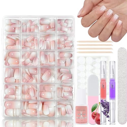 Virellay 360 Stück Gradient Press on Nails Square Kurz, Coffin Farbverlauf Künstliche Nägel Zum Aufkleben mit 2 Pcs Nagelöl Stift, Nail Tips Almond, Kurze Ombre Fake Nägel für Frauen DIY