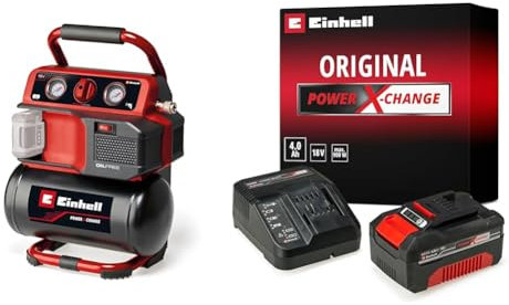 Einhell Compresseur sans fil TE-AC 18/75 Li OF-Solo Power X-Change (18 V, 8 bar max., cuve de 5 l, capacité de pompage de 75 l/min, 2 manomètres, sans lubrification) avec Chargeur et Batterie 4,0Ah