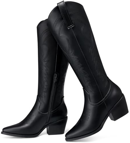 TEMOFON Cowboystiefel für Damen, Cowgirl: kniehoch, spitzer Zehenbereich, breiter Absatz, breite Waden-Stiefeletten mit seitlichem Reißverschluss, Herbst und Winter, 18-schwarz, 39 EU