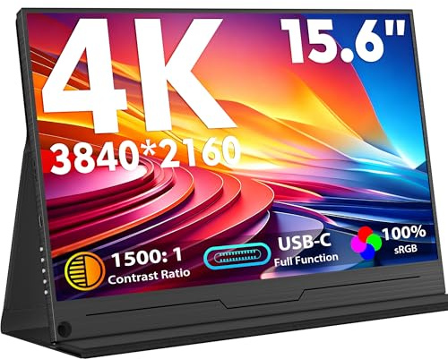 Zidreke 4K Portable Monitor 15.6 3840x2160 UHD USB-C HDMI Laptop Display, 100% Adobe RGB IPS Computer Gaming HDR Second Screen Extender Monitor With Speakers & Smart Cover for Xbox PS5 Switch PC