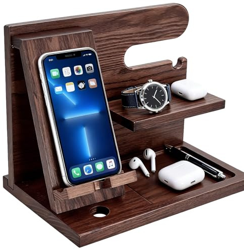 Leikurvo Holz Telefon Dockingstation Handyhalterung, Schreibtischzubehör Arbeitsplatz Organizer, Organisator Handyhalter Jubiläum Abschluss Geburtstagsgeschenk für Männer, Vintagebraun
