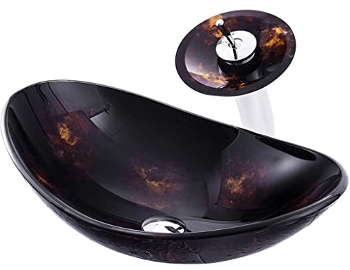 PUFAHAU Oval Art Bathroom Vessel Sink Tempered Glass Bathroom Bowl Sink Bathroom Vanity Bowl Set With Waterfall Faucet And Pop Up Sink Drain
