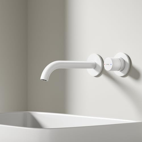 EMKE Waschtischarmatur Unterputz für Wandmontage, Wasserhahn Bad Unterputz, Mischbatterie Waschbecken wassersparend, Badarmatur mit Auslauflänge 17 cm, Einhebelbatterie Armatur 4MS-Messing, White Matt