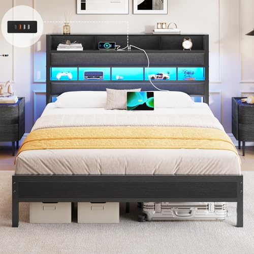 AOGLLATI Lit 140x190 avec Sommier en Métal Noir, Lit Double avec Multiprise USB, Ruban LED et 3 Étagères Ouvertes, 26 cm d’espaces sous Le Sommier 140x190