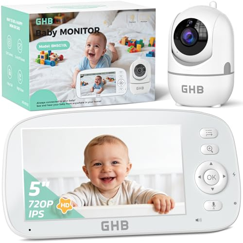 GHB Babyphone mit Kamera 5 Zoll IPS Display ohne WLAN | 5000mAh Akku, 720P HD Kamera, 4x Zoom, 350°/110° PTZ, VOX-Modus Max. 22 St., Split-Screen-Anzeige, Nachtsicht, 5 Wiegenlieder