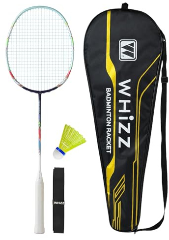 BAIHUALIN WHiZZ Carbon Badminton Schläger Set, Leichter Graphit Badmintonschläger Federball Set für Training, Übung, Freizeit + 1x Federball + 1x Griffband + 1x Tragetasche, Cyan