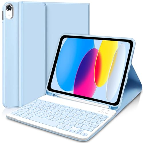AGARELE Keyboard case for iPad (A16) 11th Gen 2025 11 & iPad 10th Gen 2022 10.9, UK layout Wireless Detachable Folio Keyboard Cover with Pencil Holder, Thin & Light – Light Blue