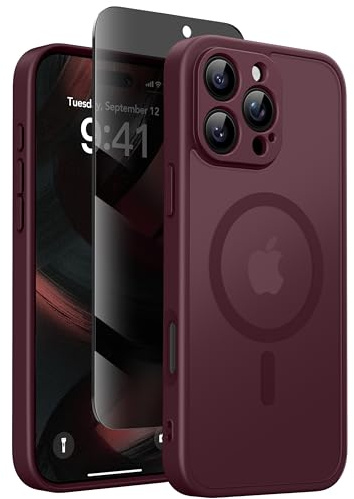 Magnetic Case for iPhone 16 Pro with Privacy Screen Protector Burgundy | [Compatible with MagSafe][Camera Protection][Military-Grade][Camera Control Cover]Translucent Matte iphone 16 Pro Case