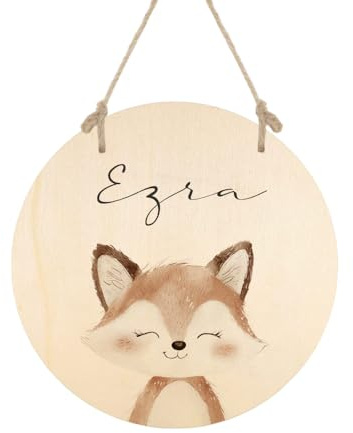 Personalisiertes Holzschild für Kinderzimmer, rund 20 cm – Türschild mit Name aus Holz zum Aufhängen – niedliche Tiermotive – Geschenk zur Geburt, Taufe, Geburtstag & Ostern (Fuchs)