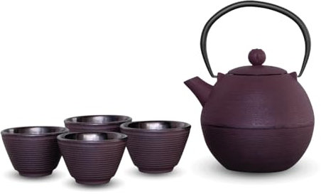 WD Lifestyle - Set Teiera In Ghisa Con Filtro Da 1000 ml e 4 Bicchieri Da 100 ml - Colore Viola