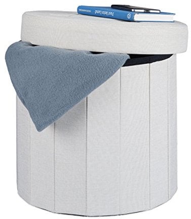 Relaxdays Sitzhocker mit Stauraum Größe M, runder Fußhocker mit Deckel, Polsterhocker faltbar, HBT: 38x38x38 cm, creme