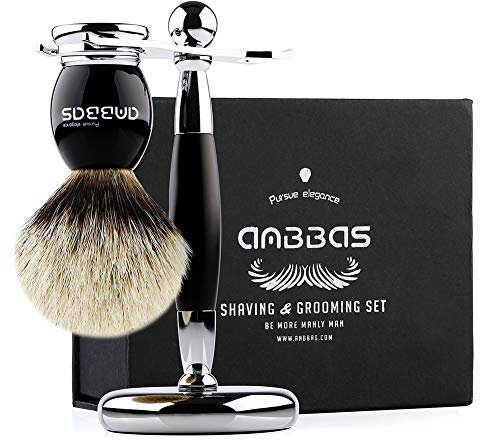 Anbbas Rasierset Nassrasur Geschenk Rasierpinsel reines Dachshaar Silberspitz Rasierpinsel Set mit Rasierständer Mach Fusion Rasierhobel Nassrasierer Sicherheitsrasierer