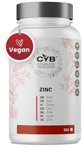 CYB | Zinco 25mg Puro ad Alto Dosaggio - 365 Compresse 1 Anno di Fornitura - Integratore Vegano Quotidiano - Integratori di Zinco Multivitaminico Vitamine e Minerali