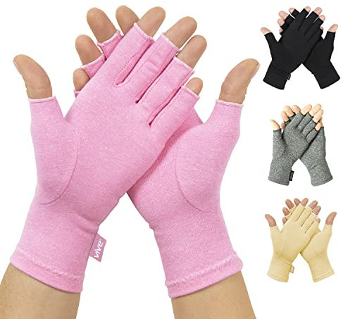 Vive Pink Arthritis Gloves Fingerless - Hand Compression Open Finger Design for Women and Men - Comfy Fit, Breathable and Moisture Wicking - Carpal Tunnel, Joint and Rheumatoid Pain Relief (Large)
