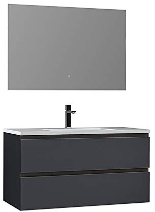 StoneArt Badmöbel-Set mit Mineralguss Waschbecken und Unterschrank und LED Spiegel Touch-Sensor Waschtisch als Einzel- oder Doppelwaschbecken Monte Carlo MC-1000 dunkelgrau 100cm