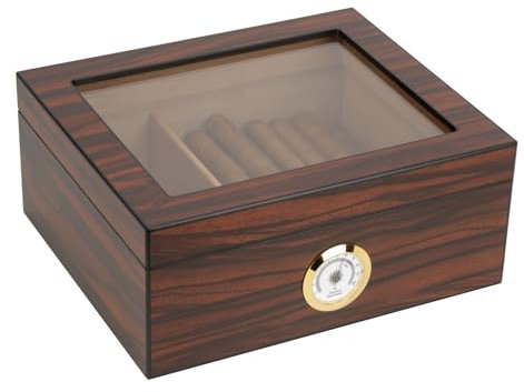 Eitida Zigarren Humidore für 25–50 Zigarren, Display aus gehärtetem Glas, handgefertigte Aufbewahrungsbox aus spanischem Zedernholz mit Trennwand, Luftbefeuchter und Hygrometer, Makassarbraun