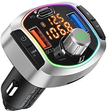 Auto MP3 Player TYKEVO Bluetooth Autofeuerzeug FM Transmitter mit Zwei USB Anschlüssen (Quick Charge QC 3.0, Pen Drive) Typ C PD TF Kartensteckplatz Anzeige mit Batteriespannung