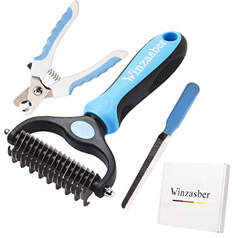Winzasber Hundebürste Langhaar - Katzenbürste Kurzhaar, Katzenbürste & Unterwolle Bürste Hund und Katzen, mit Krallenschere Katzen | Blau (3 Stück Set)