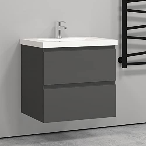 Biubiubath 600mm Wall Hung Basin Vanity Unit Grey 2 Soft Close Drawers 1 Tap Hole Sink Bathroom Toilet Storage Funiture