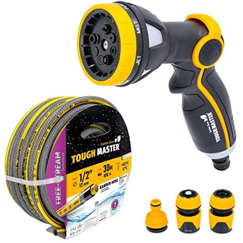 Garden Hose Reinforced Outdoor Watering Accessories for Garden Water Feature, Pressure Washer, Garden Sprinklers, DIY Tools Tough Master (100FT + Spray Gun)