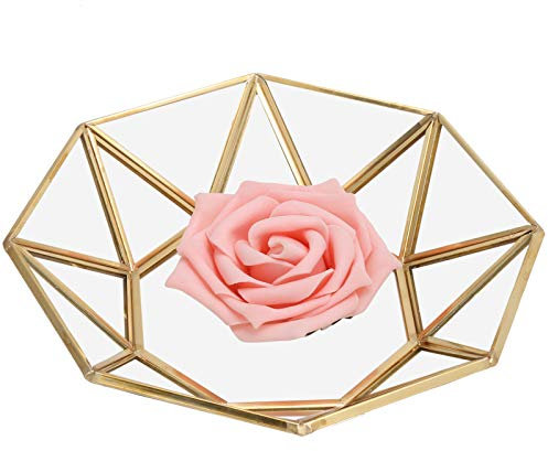 Natudeco Petit plateau à bijoux en verre transparent doré Plateau octogonal Plateau de présentation de bijoux Finition feuille d'or Miroir en métal Assiette à dessert Boîte de rangement