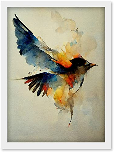 Doppelganger33 LTD Watercolour Paint Illustration Of Colourful Flying Bird Artwork Framed Wall Art Print A4