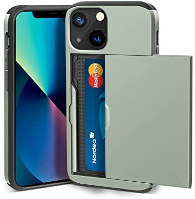 ACOCOBUY for iPhone 13 Case with Card Holder Sliding Cover Hidden Pocket IDs Credit Cards Slot Heavy Duty Shockproof Protective Dual Layer Wallet Phone Cover Back Shell for Men Women 6.1 Army Green
