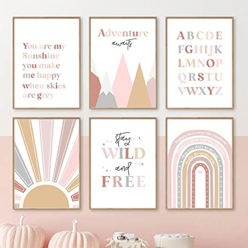 CAYBES 6 Stück Poster Babyzimmer Berg Sonne Regenbogen Alphabet Wandkunst Leinwand Malerei Cartoon Nordic Poster und Drucke Wandbild Baby Kinderzimmer Dekor-40x50cmx6 (Kein Rahmen)