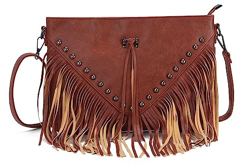 EVEOUT Umhängetasche mit Quasten Damen Weiches Leder Fransentasche Mode Schultertaschen mit Nieten und Quasten